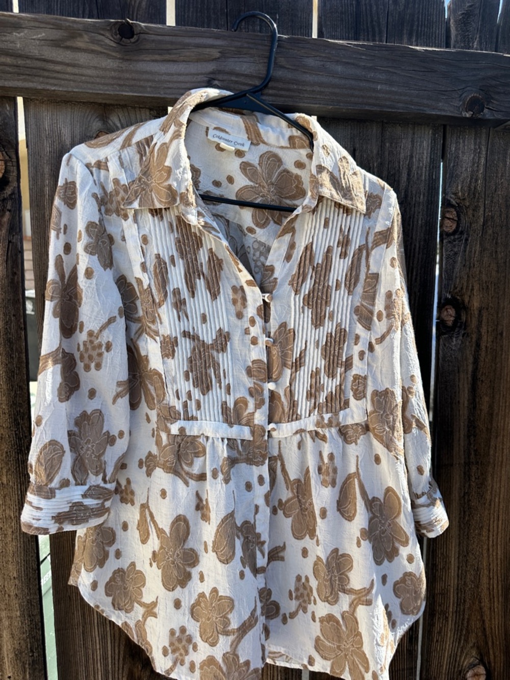 Coldwater Creek Cream Blouse with Tan Floral Embroidery